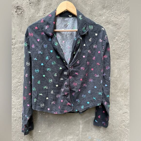 VICTORIA’S SECRET PINK BUTTON UP PAJAMA TOP PASTEL RAINBOW PATTERN BLACK L - Picture 1 of 9